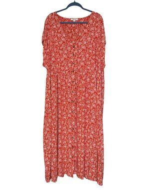 Madewell Piazza Floral Midi Dress Fresh Chili Red Orange Button Front Size 4X